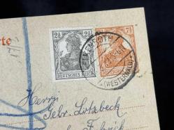 Antiye 1919 yılından Almanya Germania Pullu 2 1/2 Pfennig ve Germania 7 1/2 Pfennig kendinden Pullu Postakartı