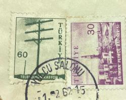 Mektup Zarfından Kesilmiş  / Postadan Geçmiş İkili Pul Filateli - 1962 Damgalı - BATMAN PETROL RAFİNERİSİ, 30 PARA / TELOKOMÜNİKASYON, 60 PARA  - Türkiye Cumhuriyeti