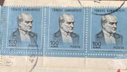 Mektup Zarfından Kesilmiş  / Postadan Geçmiş Üçlü Pul Filateli -  Damgalı - ATATÜRK, 100 KURUŞ - Türkiye Cumhuriyeti