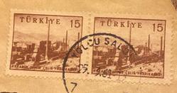 Mektup Zarfından Kesilmiş  / Postadan Geçmiş İkili Pul Filateli - Galata, 25 Mart 1961 Damgalı - KARABÜK DEMİR ÇELİK FABRİKALARI, 15 PARA - Türkiye Cumhuriyeti