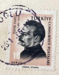 Mektup Zarfından Kesilmiş  / Postadan Geçmiş Pul Filateli - 25 Ocak 1966 Damgalı - TEVFİK FİKRET, 10 KURUŞ - Türkiye Cumhuriyeti