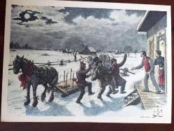 HEDİYE KARTPOSTALI, ÇİFT YAPRAK, AT ARABASINDAN İNEN ADAMLAR VE KIŞ MANZARASI ÇİZİMİ, ARKASI YAZILI, RENKLİ, 15 X 10 CM EBADINDA