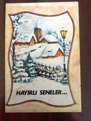 HEDİYE KARTPOSTALI, KARLA KAPLI EVLER VE AĞAÇLAR, GÜZEL BİR KIŞ MANZARASI ÇİZİMİ, ARKASI YAZILMAMIŞ, RENKLİ, 15 X 10 CM EBADINDA