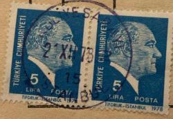 Mektup Zarfından Kesilmiş  / Postadan Geçmiş İkili Pul Filateli - İstanbul, 21 Aralık 1978 Damgalı - ATATÜRK, 5 LİRA - Türkiye Cumhuriyeti