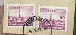 Mektup Zarfından Kesilmiş  / Postadan Geçmiş İkili Pul Filateli - Kırklareli, 4 Eylül 1961 Damgalı - BATMAN PETROL RAFİNERİSİ, 30 PARA  - Türkiye Cumhuriyeti//