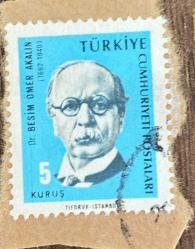 Mektup Zarfından Kesilmiş  / Postadan Geçmiş Pul Filateli - Damgalı - DR. BESİM ÖMER AKALIN , 5 KURUŞ - Türkiye Cumhuriyeti