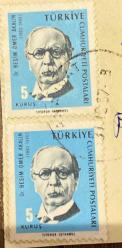 Mektup Zarfından Kesilmiş  / Postadan Geçmiş İkili Pul Filateli - Damgalı - DR. BESİM ÖMER AKALIN , 5 KURUŞ - Türkiye Cumhuriyeti
