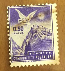 Mektup Zarfından Kesilmiş  / Postadan Geçmiş Pul Filateli - Mektup taşıyan güvercin, 0,50 KURUŞ - Türkiye Cumhuriyeti