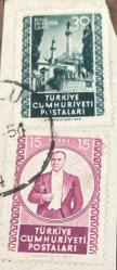 Mektup Zarfından Kesilmiş  / Postadan Geçmiş İkili Pul Filateli - Damgalı - ATATÜRK, 15 KURUŞ  / BURSA EMİRSULTAN CAMİİ, 30 KURUŞ - Türkiye Cumhuriyeti