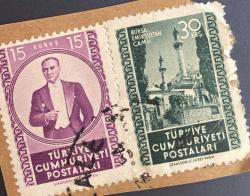 Mektup Zarfından Kesilmiş  / Postadan Geçmiş İkili Pul Filateli - Damgalı - ATATÜRK, 15 KURUŞ / BURSA EMİRSULTAN CAMİİ, 30 KURUŞ - Türkiye Cumhuriyeti