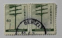 Mektup Zarfından Kesilmiş  / Postadan Geçmiş İkili Pul Filateli - Denizli Damgalı - Telekomünikasyon , 60 Para - Türkiye Cumhuriyeti