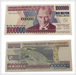 Efemera - 7.emisyon 1 milyon  türk lirası eski kağıt para koleksiyonluk çil - kitantik - kitaLog