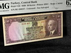 PMG 62 UNC ÇİL İnönü Batan Gemi 50 Kuruş P 133 1930 S/N B3 450227 2. EMS