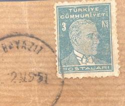 Mektup Zarfından Kesilmiş  / Postadan Geçmiş Pul Filateli - Bayazıt, 1951 Damgalı - ATATÜRK, 3 KURUŞ - Türkiye Cumhuriyeti