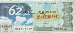 Milli Piyango Bileti: 19 Temmuz 2001, U, (1/4) Dörtte Bir Bilet - Milli Piyango 62. Yıl