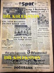 GÜNLÜK SPOR GAZETESİ - 29 ARALIK 1958 - NECDET APAK SİGORTACILIK - SPOR OYUNLARINDA MÜHİM DEĞİŞİKLİKLER - FENERBAHÇE, İSTANBULSPOR MANİASINI AŞTI: 1 - 0 - MUAMMER PAMUK - CAN BARTU İYİLEŞTİ - İZMİR'DE ALTINORDU GALİP - BAKIRKÖY, FENERBAHÇE VOLEYBOL MAÇI 3-2 - MUVAKKAR E. TALÜ - BURSASPOR 0 - 1 KASIMPAŞA - NEJAT ALTAV - AT YARIŞLARI VE KUMAR, ŞEREF SEVER - ERGUN ERCİNS - DAĞLARIN OĞLU, JACK LONDON - SİNEMA ve TİYATRO SAYFASI - CEZMİ BAŞAR - EYÜP: 2 - 2 BEYLERBEYİ - DOĞUBANK 3 OTOMOBİL KAMPANYASI
