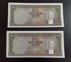 5.EMİSYON 7.TERTİP 2 ADET SERİ TAKİPLİ 50 LİRALAR ÇİL KONDİSYONDA