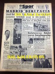 GÜNLÜK SPOR GAZETESİ - 14 KASIM 1958 - MADRİD'DEKİ FACİA - ŞÖHRETLİ REAL MADRİD KARA KARTALLARIN ŞAHANE MÜDAFAASINI GLADYATÖRCE HAREKETLERLE ANCAK İKİ DEFA YARABİLDİ, REAL MADRİD 2 - 0 BEŞİKTAŞ - GALATASARAY, ADALET MAÇI - SPARTAK, VEFASPOR'U 2-0 YENDİ - MUVAKKAR EKREM TALU - YILIN 5 SPORCUSU - EKREM ÜNVERİR - GRİPİN, NECEP AKAR HALEFLERİ GRİPİN VE OPON LABORATUVARI - M. RAŞİD BAYBURD - ÇAVLI ÇULFAZ - BOKS MİLLİ TAKIMIMIZ 1959 YILINDA İRLANDA, İTALYA, ROMANYA VE AVUSTURYA İLE KARŞILAŞACAK - MAHDUT MES'ULİYETLİ