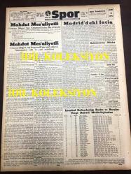 GÜNLÜK SPOR GAZETESİ - 14 KASIM 1958 - MADRİD'DEKİ FACİA - ŞÖHRETLİ REAL MADRİD KARA KARTALLARIN ŞAHANE MÜDAFAASINI GLADYATÖRCE HAREKETLERLE ANCAK İKİ DEFA YARABİLDİ, REAL MADRİD 2 - 0 BEŞİKTAŞ - GALATASARAY, ADALET MAÇI - SPARTAK, VEFASPOR'U 2-0 YENDİ - MUVAKKAR EKREM TALU - YILIN 5 SPORCUSU - EKREM ÜNVERİR - GRİPİN, NECEP AKAR HALEFLERİ GRİPİN VE OPON LABORATUVARI - M. RAŞİD BAYBURD - ÇAVLI ÇULFAZ - BOKS MİLLİ TAKIMIMIZ 1959 YILINDA İRLANDA, İTALYA, ROMANYA VE AVUSTURYA İLE KARŞILAŞACAK - MAHDUT MES'ULİYETLİ