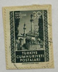 Mektup Zarfından Kesilmiş  / Postadan Geçmiş Pul Filateli - Damgalı -BURSA EMİRSULTAN CAMİİ - 30 KURUŞ - Türkiye Cumhuriyeti