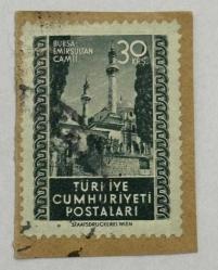 Mektup Zarfından Kesilmiş  / Postadan Geçmiş Pul Filateli - Damgalı -BURSA EMİRSULTAN CAMİİ - 30 KURUŞ - Türkiye Cumhuriyeti