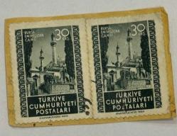 Mektup Zarfından Kesilmiş  / Postadan Geçmiş İkili Pul Filateli - Damgalı -BURSA EMİRSULTAN CAMİİ - 30 KURUŞ - Türkiye Cumhuriyeti