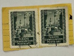 Mektup Zarfından Kesilmiş  / Postadan Geçmiş İkili Pul Filateli - Damgalı -BURSA EMİRSULTAN CAMİİ - 30 KURUŞ - Türkiye Cumhuriyeti