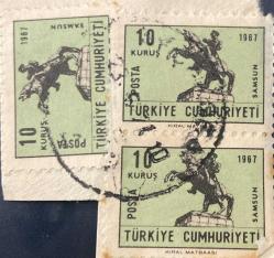 Mektup Zarfından Kesilmiş  / Postadan Geçmiş Üçlü Pul Filateli - Damgalı - ATLI ATATÜRK SAMSUN, 10 KURUŞ - Türkiye Cumhuriyeti
