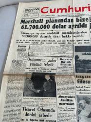 CUMHURİYET GAZETESİ 2 EYLÜL 1949-MARSHALL PLANINDAN DOLAYI BİZE 61.700.000 DOLAR AYRILDI-ORDUMUZ ZAFER GÜNÜNÜ TEBRİK-HANIMELİ EYLÜL SAYISI ÇIKTI-BİR YURT YAZISI-TONiQUE BERK-KIWI DARK TAN-TUTUM BANKASI-HACI BEKİR ŞEKER VE LOKUMLARDIR.-DR.M.OSMAN SAKA-OPERATÖR RIZA ÜNVER-BERİN ÇOCUK TERZİSİ