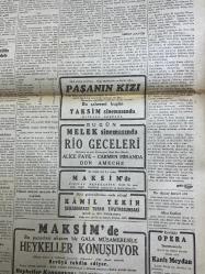 CUMHURİYET GAZETESİ -3 NİSAN 1943-HAYAT PAHALILIĞI-DÜNYA SULHÜ İÇİN-BALKANLARDA HARP OLABİLİRMİ- HALİÇ TEMİZLENİYOR-PAŞANIN KIZI TAKSİM SİNEMASI-MELEK SİNEMASINDA RİO GECELERİ-MAKSİM-KAMİL TEKİN ŞEHZADEBAŞI TURAN TİYATROSUNDA-GRİPİN