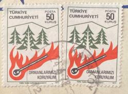 Mektup Zarfından Kesilmiş  / Postadan Geçmiş İkili Pul Filateli - Damgalı - ORMANLARIMIZI KORUYALIM, 50 KURUŞ  - Türkiye Cumhuriyeti