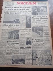 Vatan Gazetesi - 20 Temmuz 1950 - 1.222.500.000 Dolarlık Askeri Yardım Kabul Edildi - Truman Kısmı Seferberlik Yapılmasını Teklif Etti - Ermeni Patrik Kaymakamı Kevork Arslanyan - Adalet Bakanı Halil Özyörük'ün Beyanatı - Orgeneral Nuri Yamut - Samet Ağaoğlu'nun İştirakiyle Yapılan Demokrat Partililerin Gizli Toplantısı - Milli Eğitim Bakanı Avni Başman İstifa Etti Mi - İstanbul Üniversitesi Jeoloji Profesörü Hamit Nafiz Pamir - Fener Patrikhanesi İle Ruhban Mektebi Müdürü Arasında İhtilaf - İmralı'dan Tahliye Edilen 664 Mahkum Şehrimize Geldi - Perde Arası Yazan Vicki Baum Yazı Dizisi - Feyyaz Gürsan'ın Katli Davası - Modaspor Kulübünün Yıldönümü - Kanuni Sultan Süleyman Yazan Feridun Fazıl Tülbentçi Yazı Dizisi - Yayladan Resimli Röportaj Yazı Dizisi - Kürek Yarışları - Yelken Yarışları - Puro Tuvalet Sabunları - Montemar İspanyol Revüsü Temsilleri - Dodge Kamyon - Tissot Saatleri