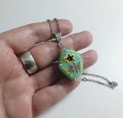 El Yapımı Lampwork Çivit Mavisi Cam ve Kristal Taşlı Gümüş Kaplama Kolye