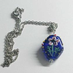 El Yapımı Lampwork Çivit Mavisi Cam ve Kristal Taşlı Gümüş Kaplama Kolye