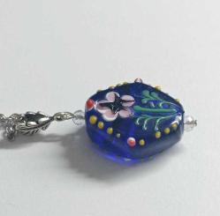 El Yapımı Lampwork Çivit Mavisi Cam ve Kristal Taşlı Gümüş Kaplama Kolye