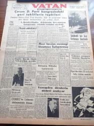 Vatan Gazetesi - 12 Ocak 1954 - Çorum Demokrat Parti Kongresindeki Geri Tekliflerin Tepkileri - Dışişleri Bakanı Fuat Köprülü - Büyük Anketimiz Seçimde Reyinizi Hangi Partiye Vereceksiniz - İsmet İnönü - Kasım Gülek - Mareşal Tito Türkiye'yi Ziyaret Edecek - Verem Savaş Derneği Başkanı Ordinaryüs Profesör Tevfik Sağlam - İngiliz Büyükelçisi Sir Alexander Knox Helm Ankara'dan Ayrıldı - Göç Yolları Tıkadı Yazan İlhan Engin Yazı Dizisi - Türk Şiiri Nereye Gidiyor - Heifetz Bir Eseri Çalarken Unuttu - Atilla İlhan Sinema Tenkidleri - Cem Kurt Çizen Bedri Koraman - Bir Mormon'un İtirafları - Veba Yazan Albert Camus Yazı Dizisi - Çocuklar Sizin Köşeniz - Petromax Lüks Lambası - Genç Milli Takım Antrenörü Cihat Arman - Geçen Yılın En Mühim Boks Karşılamaları