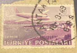 Mektup Zarfından Kesilmiş  / Postadan Geçmiş Pul Filateli - Antakya, 1949 Damgalı - İZMİR UÇAK PULU, 5 KURUŞ - Türkiye Cumhuriyeti