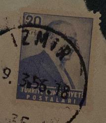 Mektup Zarfından Kesilmiş  / Postadan Geçmiş Pul Filateli - İzmir, 9 Mart 1956 Damgalı - ATATÜRK, 20 KURUŞ - Türkiye Cumhuriyeti