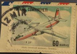 1967-Mektup Zarfından Kesilmiş  / Postadan Geçmiş Pul Filateli - İzmir Damgalı - F-27 yolcu UÇAK PULU, 60 KURUŞ - Türkiye Cumhuriyeti