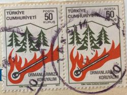 Mektup Zarfından Kesilmiş  / Postadan Geçmiş İkili Pul Filateli -  Damgalı - ORMANLARIMIZI KORUYALIM PULU, 50 KURUŞ -  Türkiye Cumhuriyeti