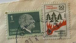 Mektup Zarfından Kesilmiş  / Postadan Geçmiş İkili Pul Filateli - Damgalı - ATATÜRK, 1 LARA / ORMANLARIMIZI KORUYALIM PULU, 50 KURUŞ -  Türkiye Cumhuriyeti