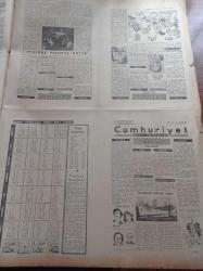 Cumhuriyet Gazetesi - 22 Kasım 1952 - Başbakan Adnan Menderes Dün Kayseri'de Mühim Bir Nutuk Söyledi - Celal Bayar Bugün Geliyor - Türk Amerikan Ticari Münasebatı - Bütün Dünya Basınını Hayran Bırakan Eser Avrupa Kavgası - Nadir Nadi - Çekoslovak Kızıllarının İtirafları - Şehir Tiyatroları Binalarının Durumu - Yabani Hıyar İle Kanser Tedavisi Suya Mı Düşüyor - Kraliçe Elizabeth'in Gündelik Hayatı Yazı Dizisi - General Eisenhower Hükümetini Kuruyor - Burhan Felek - Yeni Şehir Hattı Vapurları - Nejad Ferid Eczacıbaşı'ndan Yeni İlaç Fabrikası - Savaş Çil İlacı - Galatasaray Kasımpaşa Maçı - Hakem Ali Tara - Cumhuriyet Radyo Programları- Mesud Cemil'in Jübilesi - Orhan Boran - Yeni Parlayan Amerikan Caz Şantözü Gloria Van - Allen Roth'ı Tanır Mısınız - Zeki Müren - Puro Tuvalet Sabunları - Necipbey Kremleri - Çapamarka - Derman Ağrı Kesici