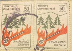 1983-Mektup Zarfından Kesilmiş  / Postadan Geçmiş İkili Pul Filateli -  Damgalı - ORMANLARIMIZI KORUYALIM PULU, 50 KURUŞ -  Türkiye Cumhuriyeti