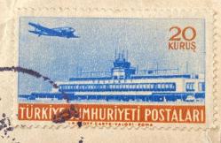 Mektup Zarfından Kesilmiş  / Postadan Geçmiş Pul Filateli - Damgalı - GEMİ VE UÇAK PULU , 20 KURUŞ - Türkiye Cumhuriyeti