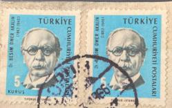 Mektup Zarfından Kesilmiş  / Postadan Geçmiş İkili Pul Filateli - Damgalı - DR. BESİM ÖMER AKALIN  , 5 KURUŞ - Türkiye Cumhuriyeti