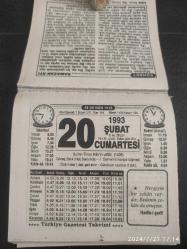 Türkiye Gazetesi takvimi 20 Şubat 1993 doğum günü hediyesi hediyelik takvim yaprağı