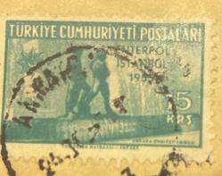 Mektup Zarfından Kesilmiş  / Postadan Geçmiş Pul Filateli - Ankara Damgalı - ENTERPOL İSTANBUL 1955 , 15 KURUŞ - Türkiye Cumhuriyeti