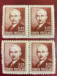 1946 TC İsmet İnönü 0.25 kuruş 4 adet 2 blok posta pulu damgasız MNH