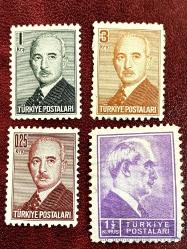 1946 TC İsmet İnönü 0.25,1,1 1/2,3 kuruş 4 adet posta pulu damgasız MNH
