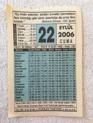 22 EYLÜL 2006-TAKVİM YAPRAĞI-DOĞUM GÜNÜ HEDİYESİ-FAZİLET TAKVİMİ